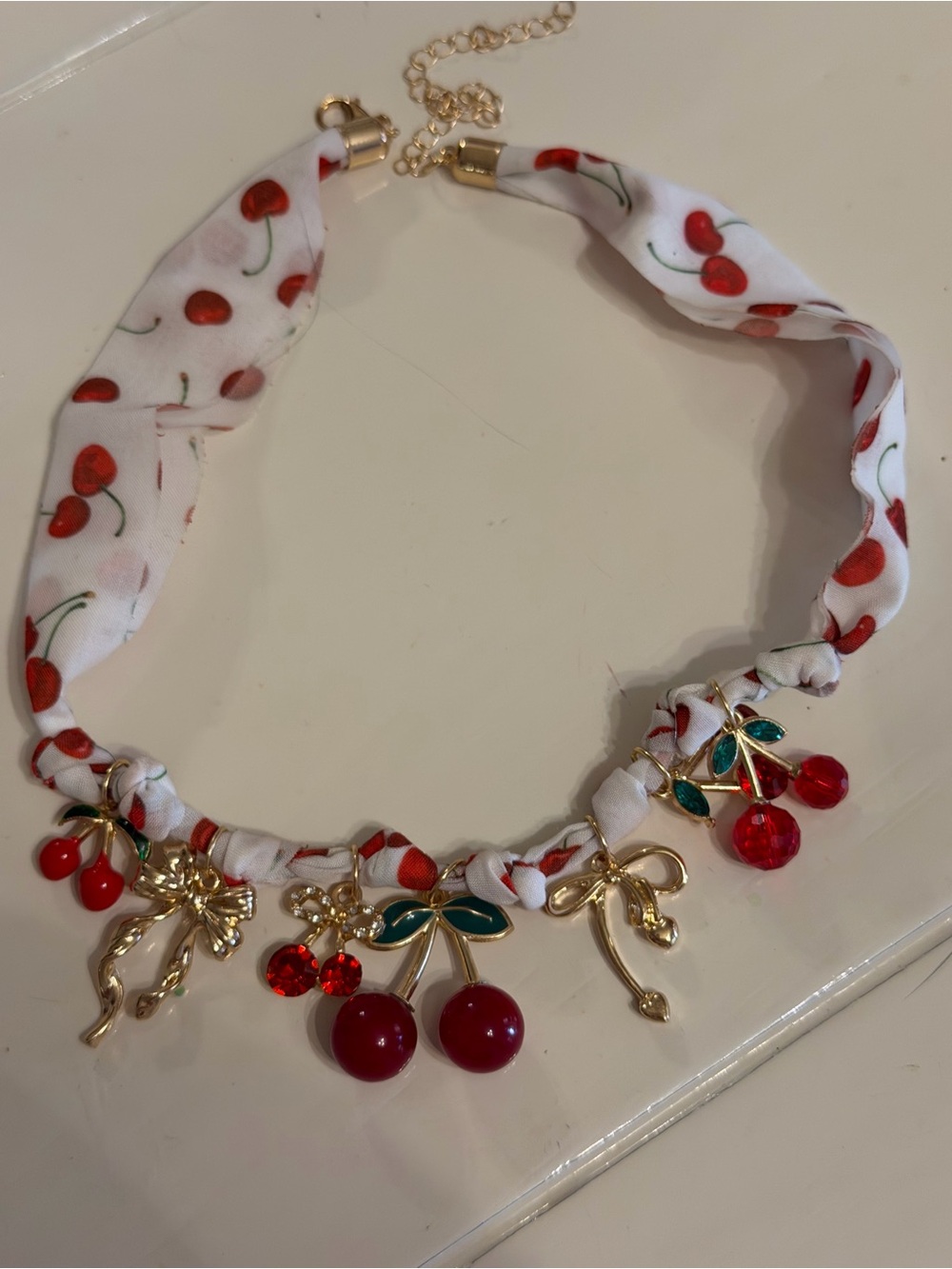 NWOT Cherry Charm Statement Necklace/Choker - White and Red